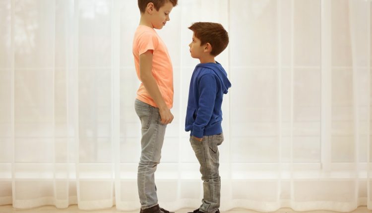 Little brothers standing together near window at home