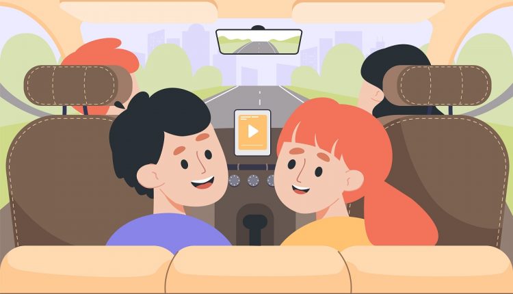 Kids sitting on back seats of car flat vector illustration