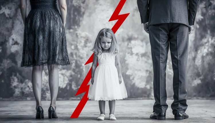 little girl with sad look because her parents are divorcing, she has to choose between one or the other