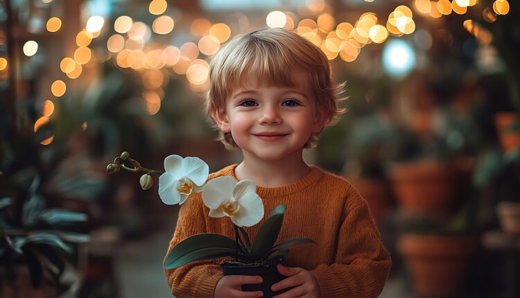 there is a young boy holding a potted plant with a flower